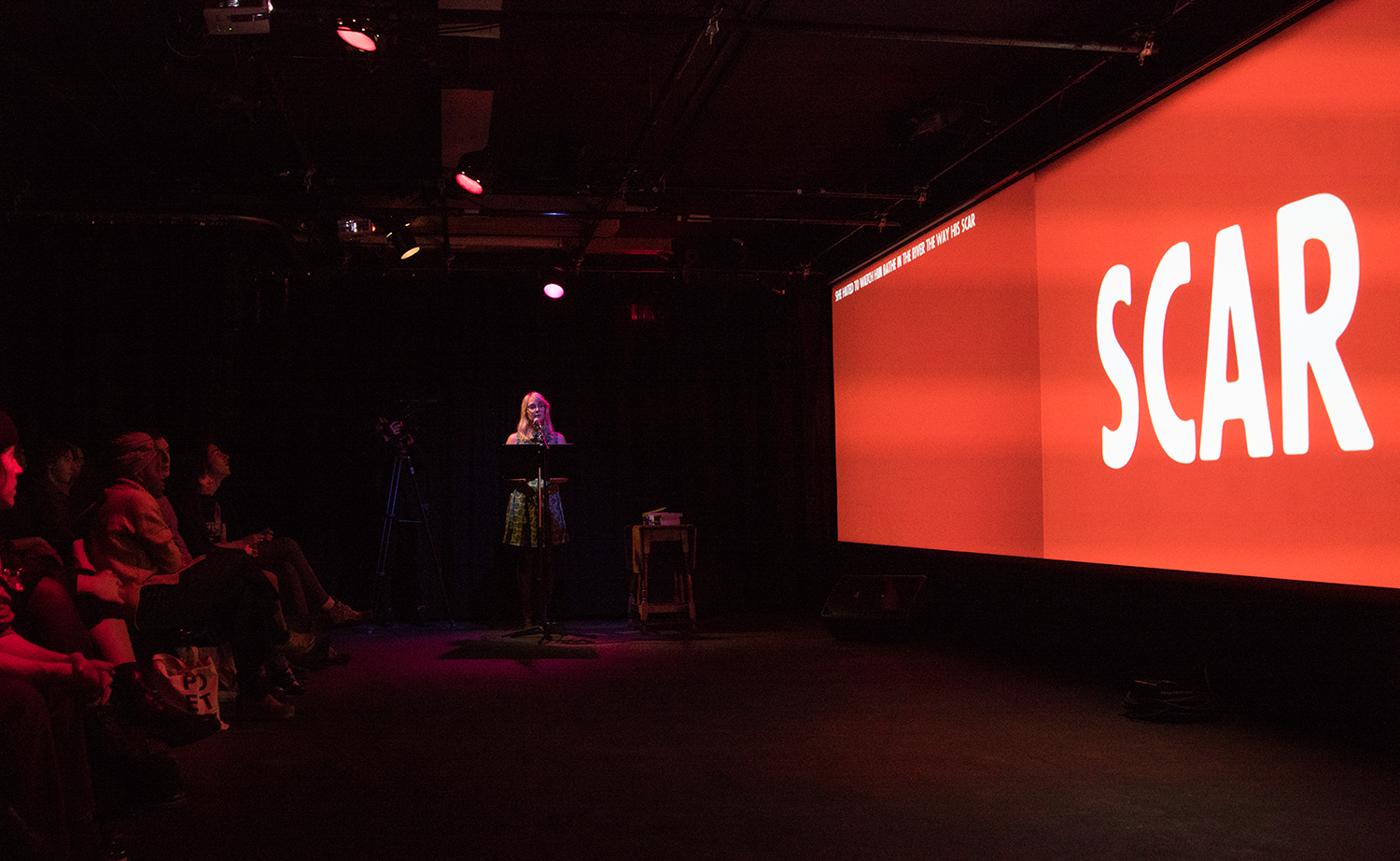 Poet Meghann Plunkett standing in front of a large projected screen with the word SCAR